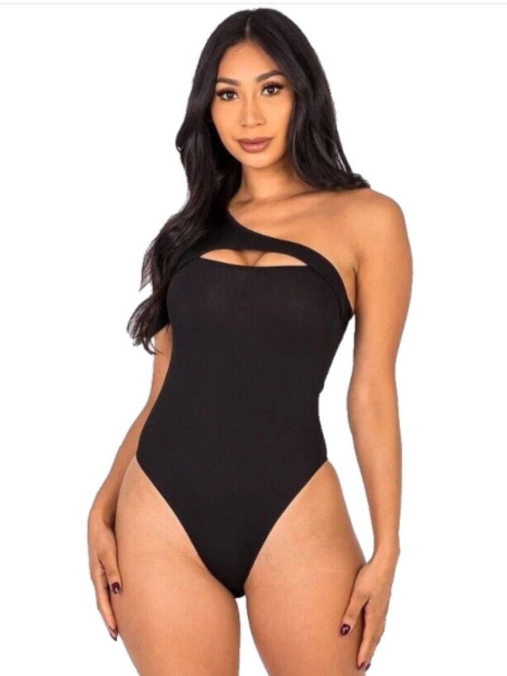 NEW Capella Medium Black Bodysuit Ribbed Knit One Shoulder Cut-out neck